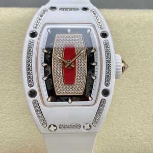 Women's white ceramic mechanical <b>watch</b> with red moissanite-<b>set</b> rubber strap - Product Image 1