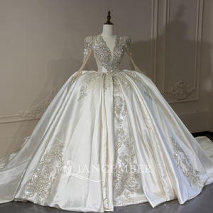 Xs316 Elegant Deep V Neck Crystal Beaded Baroque Scroll Applique Ivory Satin <b>Ball</b> <b>Gown</b> Wedding Dress For Church Jancember - Product Image 3