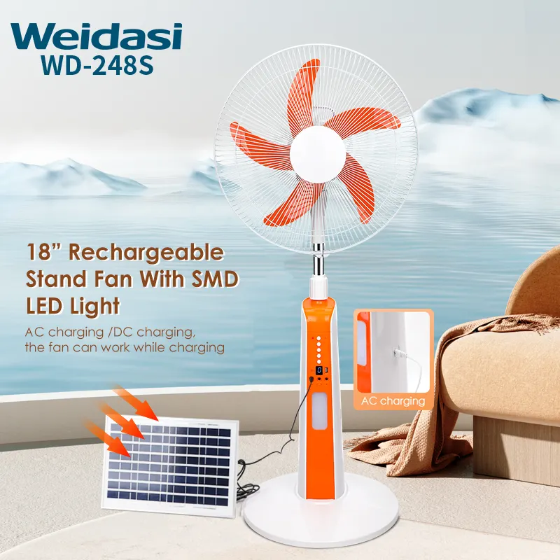Nhà sản xuất 18inch đứng quạt năng lượng mặt trời sàn điện fan hâm mộ có thể sạc lại fan với ánh sáng đèn LED