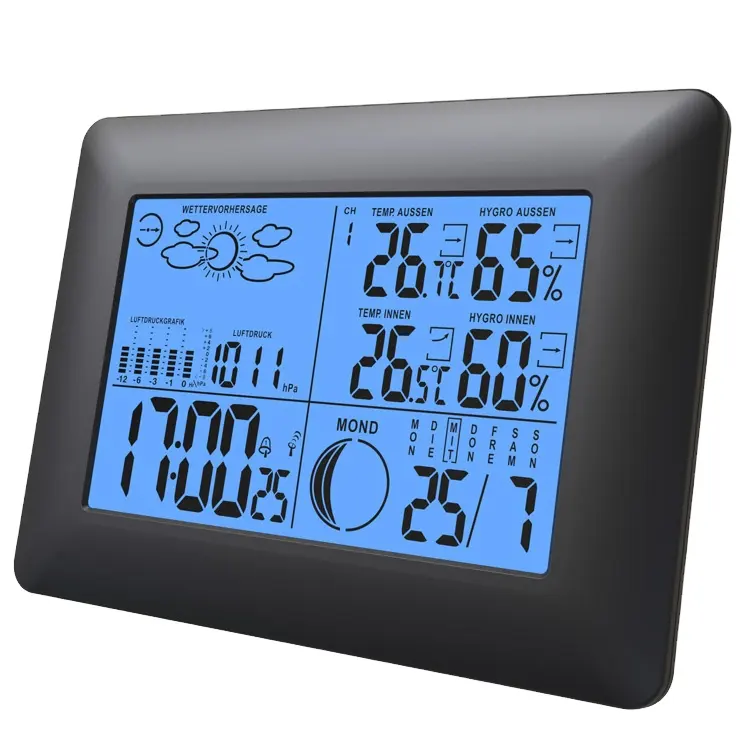 天気予報とムーンフェイズを備えた新しいワイヤレス気象台時計デジタル温度湿度計