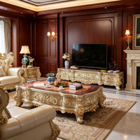 Ensemble de meubles de salon de luxe européen avec table basse et meuble TV en marbre, sculpté à la main en bois massif, finition dorée, vente en gros