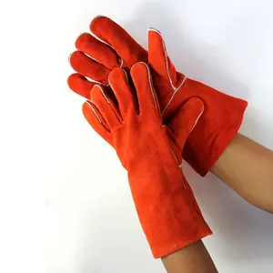 14 'kırmızı inek bölünmüş deri kaynak eldiveni uzun deri eldivenler koruyucu eldiven deri