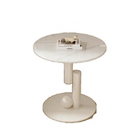 Table Basse Compacte à Plateau en Pierre Crème, Piétement en Acier Inoxydable. Mobilier de Salon au Design Moderne.