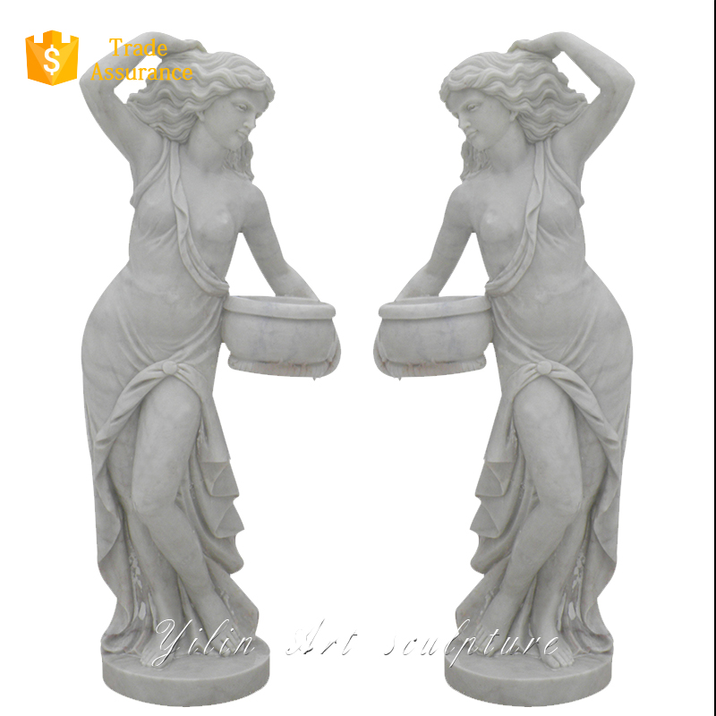 White Stone Garden Girl Statue Sculpture Carrying A Basket Of Flowers