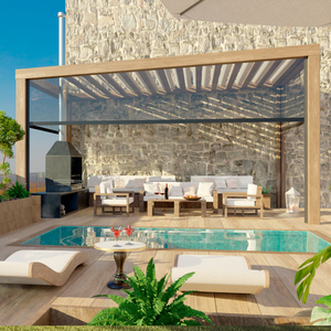 Pergola bioclimatique en aluminium robuste, motorisée, à lames orientables, écologique, pour balcon, cour, terrasse, personnalisable, antirouille - Product Image 1