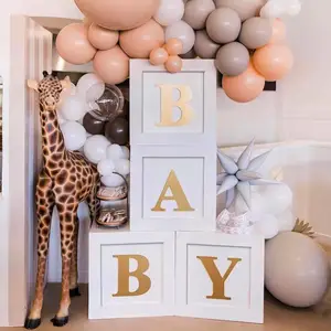 婴儿淋浴盒装饰4件白色气球盒，带4个金色婴儿字母，用于生日性别启示派对装饰