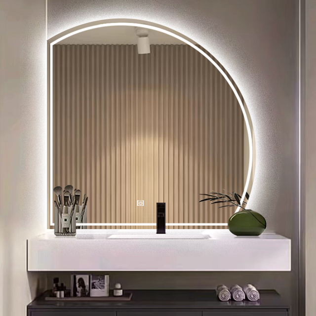 Smart Touch Screen LED Light Minimalist Glass Half Moon Bathroom Mirror Handmade Anti-Fog Decorative Half Round Mirror
