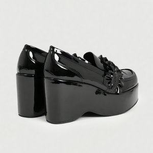 Mocasines de Plataforma con Tacón de Cuña de 9 cm para Mujer, en Charol Negro, con Volantes y Lazo, Estilo Gótico, Zapatos Chunky Harajuku Creepers para Damas - Product Image 4