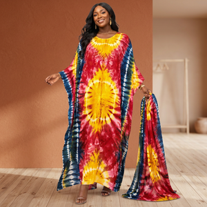 Bohemian Tie Dye Maxi <b>Kaftan</b> Stand Neck Shoulder Sleeve Regular Fit <b>Summer</b> Woven Polyester Full Sleeve Patterned Simple Sweet - Product Image 3