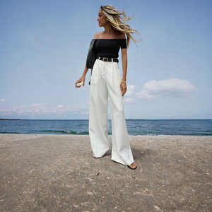 Pantalon large blanc taille haute pour femme en satin plissé, coupe ample, longueur intégrale, style minimaliste, couleur unie, idéal pour l'été - Product Image 3