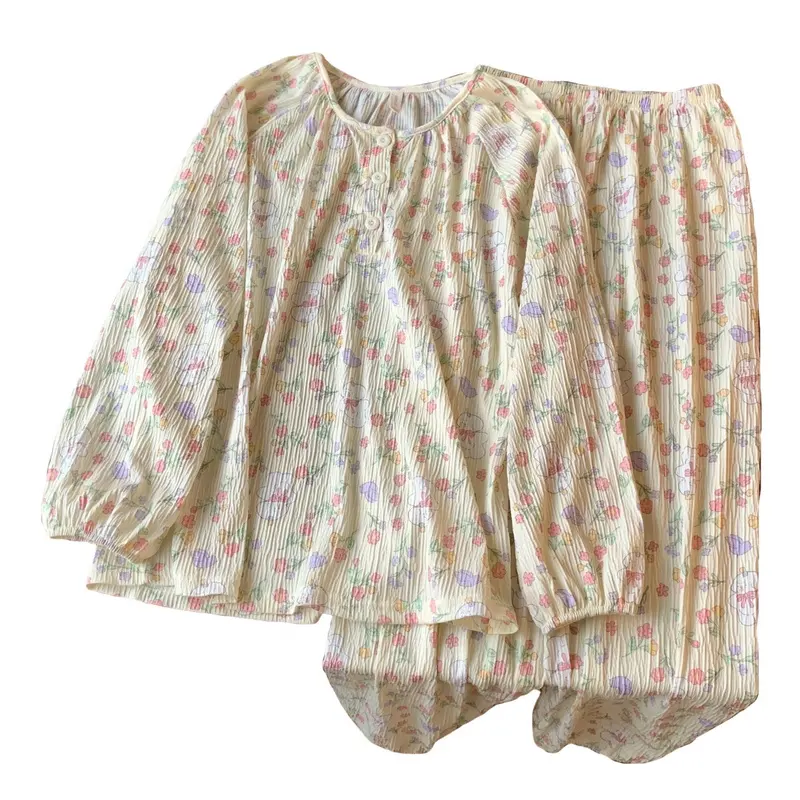 Vêtements de nuit pour femmes Pyjama à manches longues Lounge Wear Bouton Coton Robe de nuit pour femmes Fabricant de vêtements de nuit Style populaire Crêpe tissé