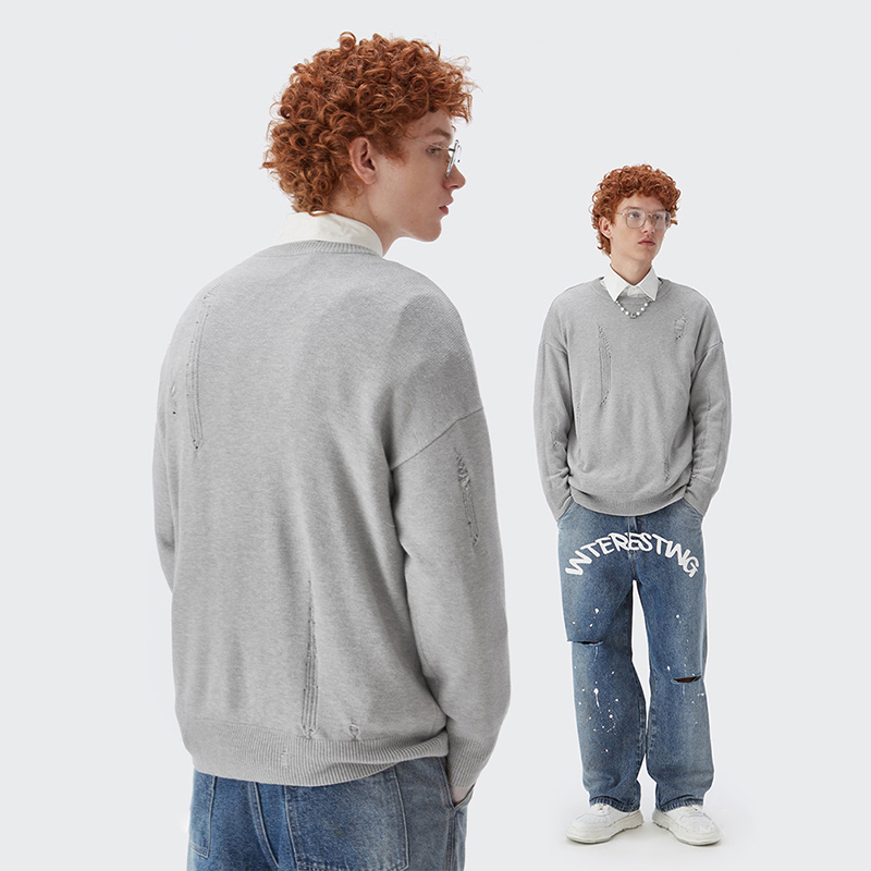 YLS Wholesale Men Covering Yarn Knit Sweater Oversized Hip Hop Crew Neck Custom Autumn Fashion Knit Sweaters