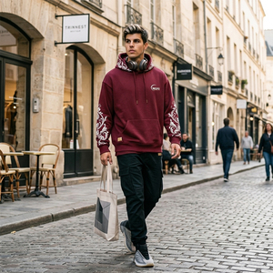 Sweat à capuche bordeaux tendance pour homme 2026 avec broderie florale blanche, coupe oversize, style streetwear, pull personnalisable avec logo WUYI - Product Image 1