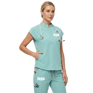 Women's Pink <b>Scrub</b> Set Custom Logo Hospital Uniforms Cotton Polyester Knitted Pants Sleeveless Top - Product Image 5