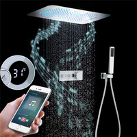 Kit de douche HONGDEC en laiton brossé doré non revêtu, ensemble de douche LED avec musique, télécommande d'éclairage, système de douche de plafond pour salle de bain