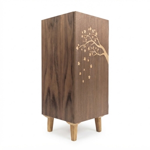 Armario de madera de estilo moderno de mediados de siglo con intrincados detalles de incrustaciones con motivos de árboles y tallados florales en madera escandinava maciza. - Product Image 1
