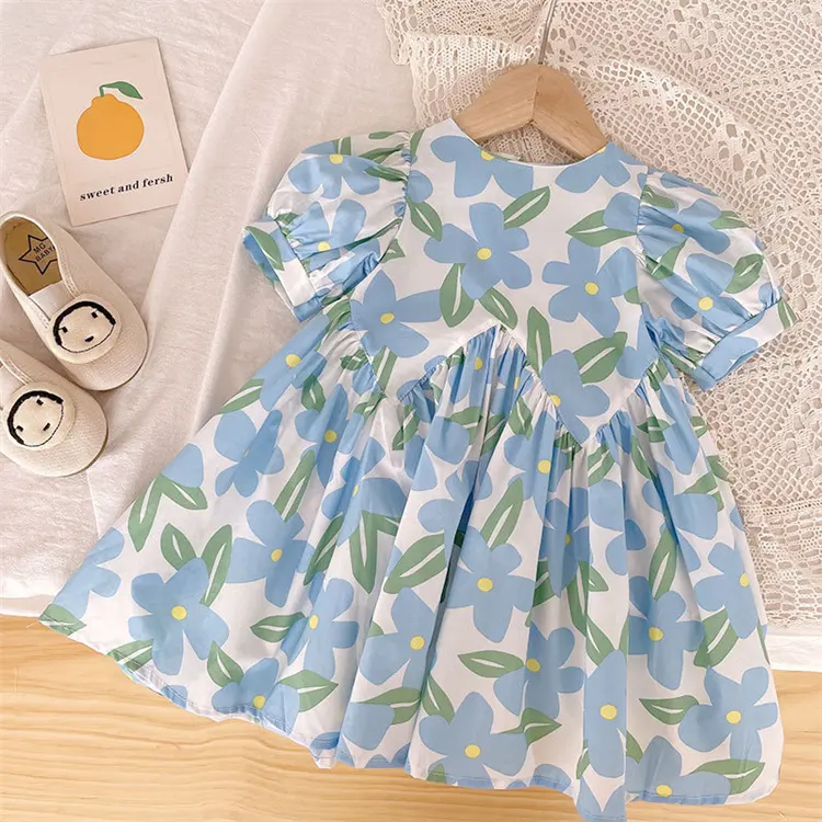 High Quality Summer Loose Puff Sleeves Flower Pattern Vintage Girls Cotton Floral Dress