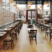 Meubles de café, de restaurant et de salon modernes, canapé en cuir gris en forme de L, tables carrées en marbre et ensemble de chaises en bois