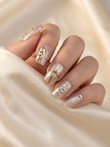 Ongles Courts Carrés Faits Main à Coller, Motif Lune et Étoiles Dorées Célestes, Paillettes Argentées, Ongles <span class=keywords><strong>de</strong></span> Luxe Réutilisables en Gros - Product Image 2