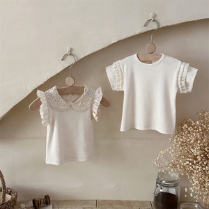 Chemise à manches courtes à col rond et à volants en dentelle, mélange de coton, haut d'été décontracté pour les tout-petits, les filles - Product Image 3