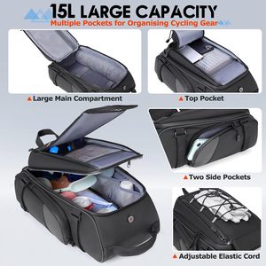 Sacs de vélo pour porte-bagages arrière 15L, sacoche de selle étanche pour vélo et vélo électrique avec housse de pluie, accessoires de vélo, sac à dos - Product Image 2