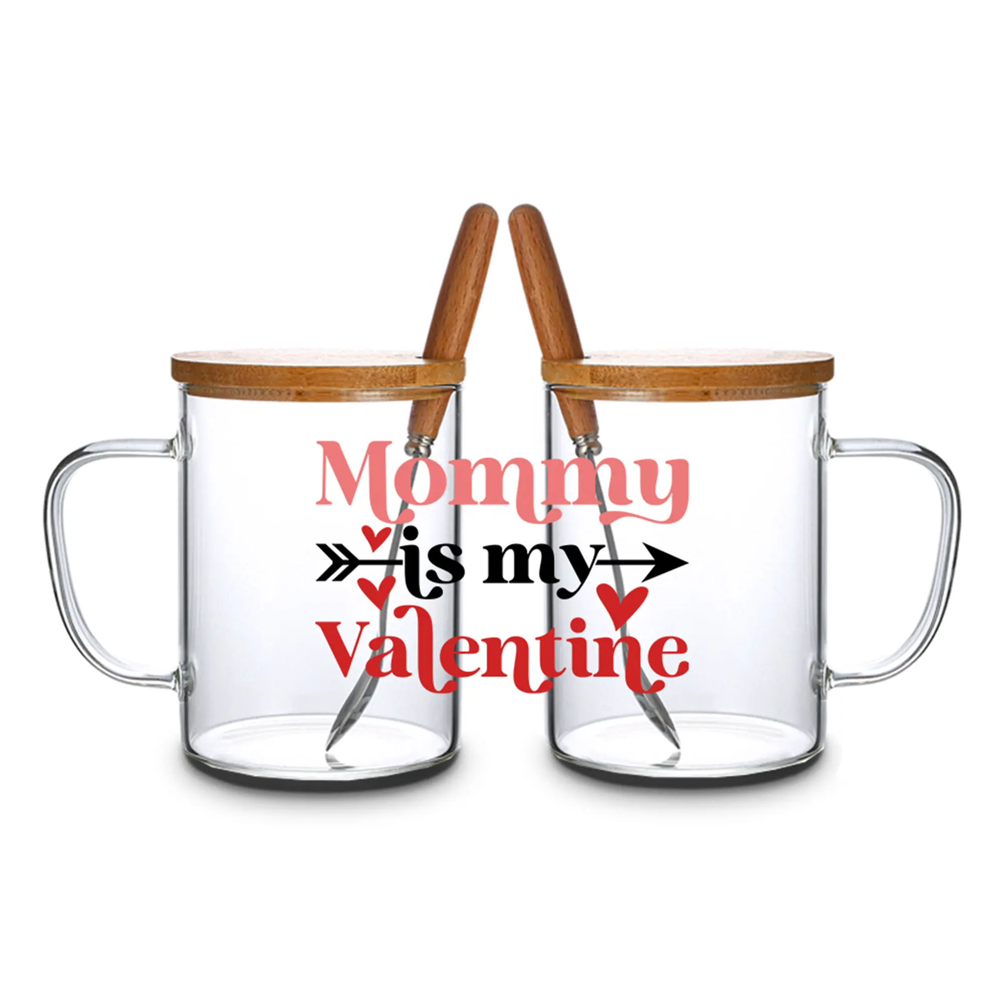 カスタムロゴガラスカップ15オンス耐熱カスタムコーヒーマグ竹蓋とスプーン付きバレンタインマザー彼女のギフト