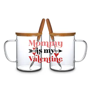 Taza de cristal con logotipo personalizado, taza de café personalizada resistente al calor de 15oz con tapa de bambú y cuchara para regalo de Madre de San Valentín