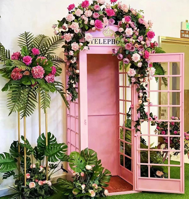 Pink Telephone Booth with Flower for Wedding Decor Customized Antique Floral London Telephone Booth