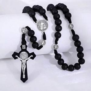 가톨릭 묵주 십자가 종교 보석 성 베네딕토 매력 십자가 펜던트 예수 10mm 나무 구슬 수제 묵주 도매 - Product Image 5