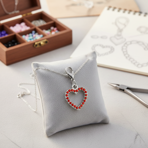 Ciondolo a forma di cuore rosso con strass, tono argento, per la creazione di gioielli - Product Image 3