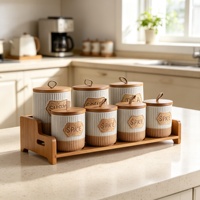 Ensemble de 7 pots à épices en céramique écologiques avec couvercles en bois, modernes, luxueux, pour la conservation de la fraîcheur, anti-poussière, faits à la main