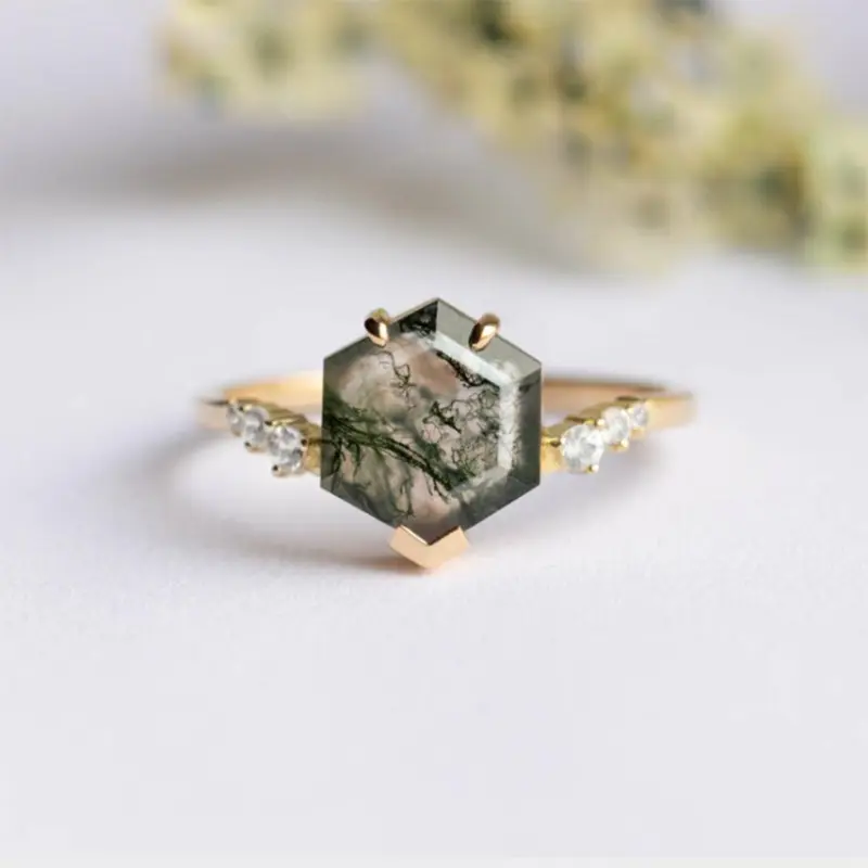 Natural Dainty Ring Green Moss Agate Rings for Women 925 Sterling Silver Gemstone Hexagon Moss Agate Engagement Fine Jewelry