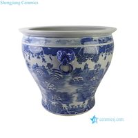 RYKB185-B Pot de fleurs en porcelaine peint à la main, motif paysage de pavillon de montagne chinois bleu et blanc, pour jardin