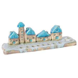 Candelabro personalizado hecho a mano para toda la familia, casa pequeña <span class=keywords><strong>de</strong></span> cerámica turquesa, Hanukkah menorah - Product Image 4