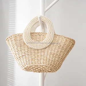 Exclusive design pampas woven handbag large capacity straw bag ladies handbag pearl handle sweet and cute women's bag