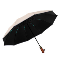 Parapluie réversible automatique à trois plis avec poignée en bois massif, 10 baleines, double armature, pour homme, pliable, noir, avec protection solaire en caoutchouc