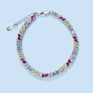Dylam Eternity Band Bracelet coloré en argent sterling S925 Ensemble de bijoux Zircon cubique Pierre rose Diamant Bracelets de tennis Femmes