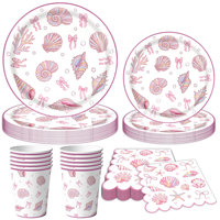 Vaisselle jetable sur le thème de la mer avec nœud rose et coquillages, assiettes en papier, gobelets, serviettes, nappe et bannière pour fête d'anniversaire de filles