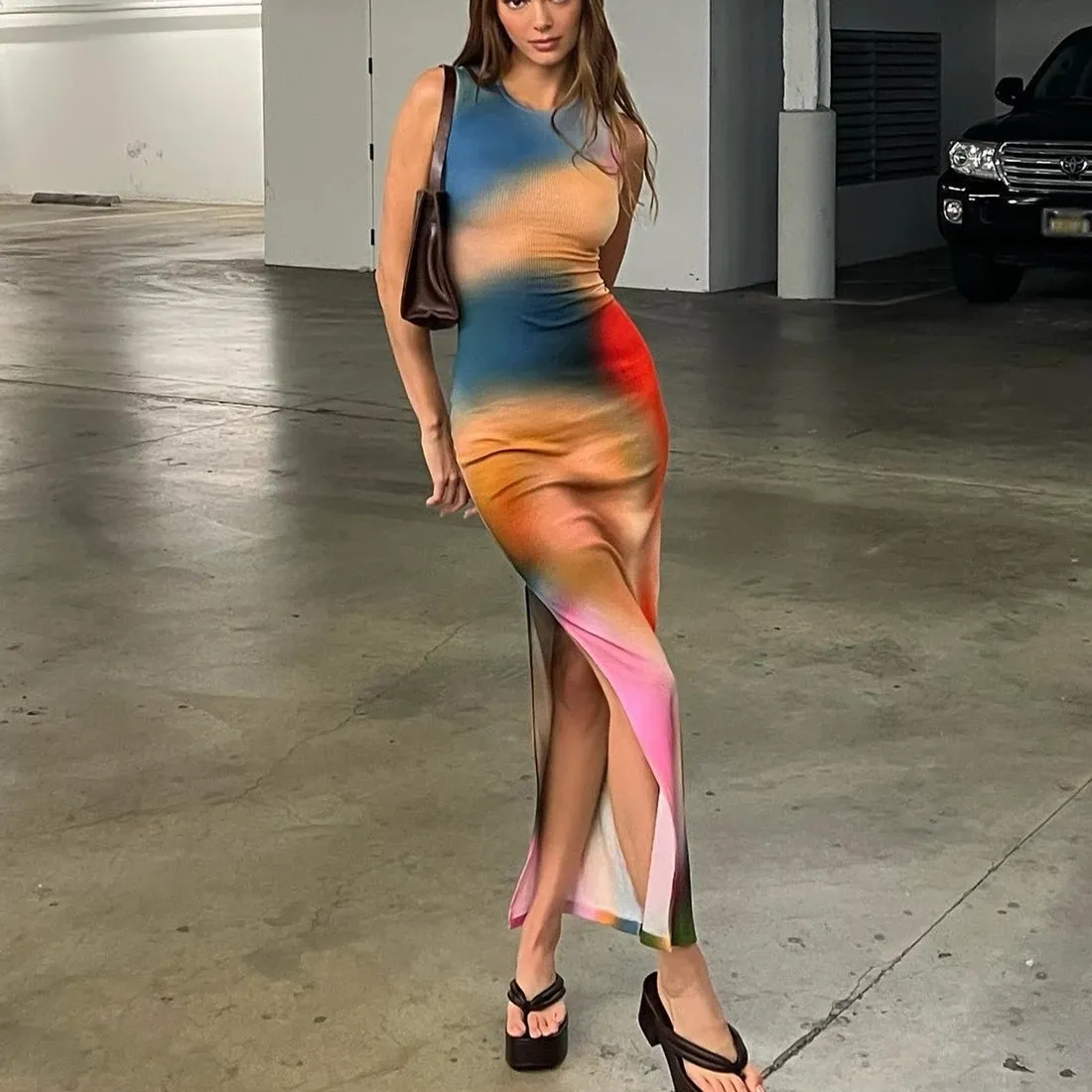 2023 Nieuwe Vrouw Outfits Tie Dye Print Mouwloze O-hals Bodycon Split Avond Feestjurken Elegante Zomer Lange Jurk Streetwear