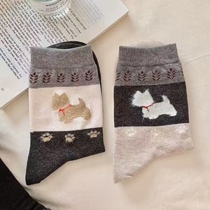 Wool Mid-Calf <b>Socks</b> For Women Thickened Warm Autumn Winter Anime Cartoon Puppy Pattern Oatmeal Dark Gray <b>Black</b> Gray - Product Image 1
