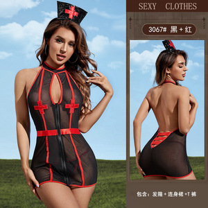 Femmes Sexy une pièce robe moulante coquine sensuelle infirmière Cosplay tenue dentelle décoration érotique combinaison en mousseline de soie en gros - Product Image 3