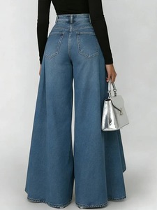 Fashion Faux Denim Printed Solid Color Button Design Casual Trousers Loose Large Flared Straight Leg Pants - Product Image 6