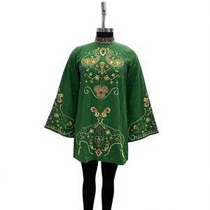Vestido Túnica Estilo Chino Verde Vintage, Bordado a Mano con Flores, Cuello Alto, Holgado, Midi, Otoño - Product Image 1