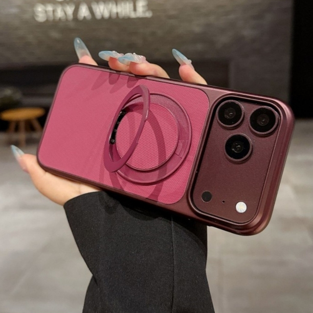 Deep cherry TechWoven Magnetic Rotation kickstand Mobile phone case for iPhone 18 17 16 15 pro max flax texture Shockproof cover
