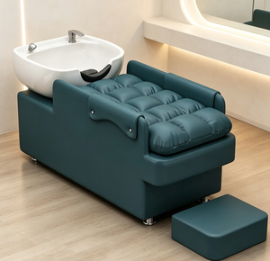 Fauteuil de lavage de cheveux rembourré marron avec repose-pieds, cadre métallique, banc de barbier commercial - Product Image 2