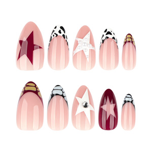 Faux ongles à presser en amande, motif crocodile français avec étoiles et perles, base nude, pour femmes, usage quotidien - Product Image 2
