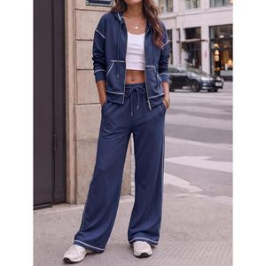 Ensemble personnalisé pour femmes, 2 pièces, sweat à capuche zippé, pantalon large, manches longues, taille élastique, couleur unie - Product Image 2