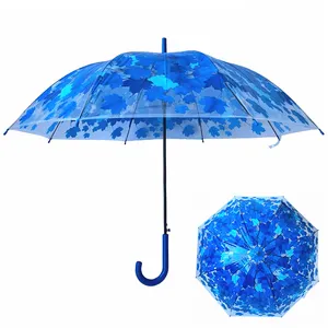 YS-1077 Groothandel Promotionele Hoge Kwaliteit Transparante Paraplu Bloemenprint Auto Open En Handmatig Dicht Rechte Poe Paraplu