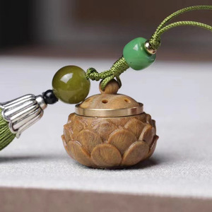 Green Sandalwood Carved Lotus Aromatherapy Sachet Keychain Hanging <b>Ornament</b> For <b>Car</b> Phone Charm Gift - Product Image 1