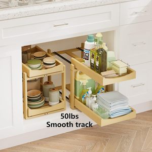 Organisateur sous évier en bambou, hauteur réglable, 2 niveaux, pour salle de bain, rangement coulissant pour armoire, étagère coulissante robuste pour cuisine - Product Image 4